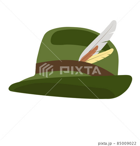 Tyrolean hat vector stock illustration. A headdress worn in parts of Austria, Germany, Italy and Switzerland. Green felt. Isolated on a white background. 85009022