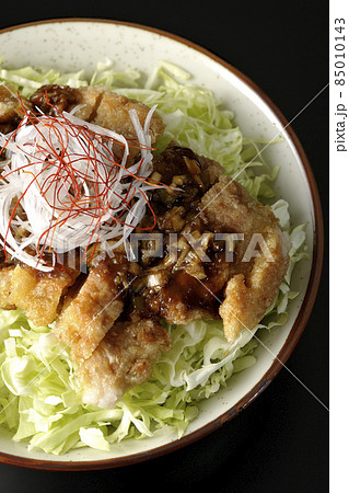 白髪葱、糸唐辛子、千切りキャベツ、油淋鶏丼を黒背景で俯瞰撮影 85010143
