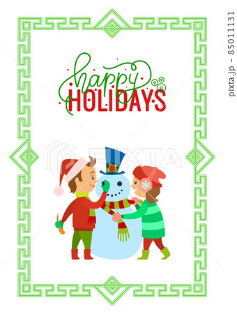 Happy Holidays Children Making Snowman Vector Happy Holidays Children Making Snowman Vector 85011131