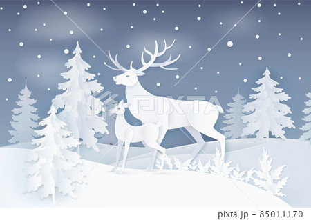 Nature at Night with Deer and Spruce Trees Vector Nature at Night with Deer and Spruce Trees Vector 85011170