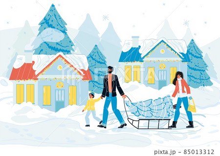 Happy family carrying fir tree for christmas on sled 85013312