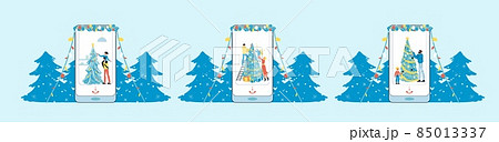Happy people decorating Christmas tree on smartphone screen Happy people decorating Christmas tree on smartphone screen 85013337