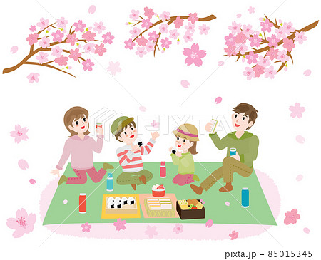 お花見をしながらお弁当を食べる家族 85015345