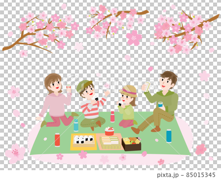 お花見をしながらお弁当を食べる家族 85015345