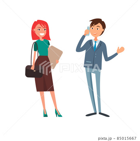 Businessman Talking on Phone Businesswoman Smiling 85015667