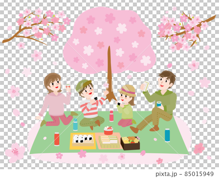 お花見をしながらお弁当を食べる家族 85015949