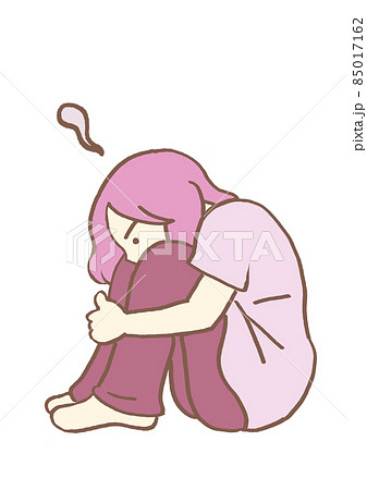 うつ病 ひざを抱え孤独に沈む女性 シンプルのイラスト素材