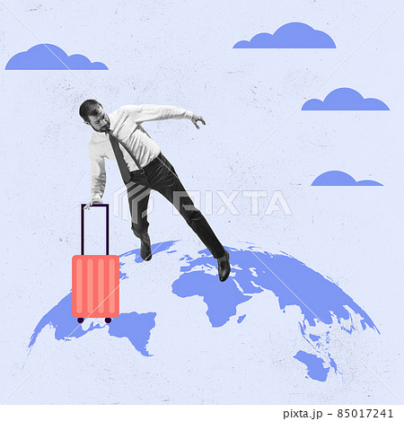 Young man, business man in office costume with suitcase choses country for life on drawn globe. Contemporary art collage. 85017241