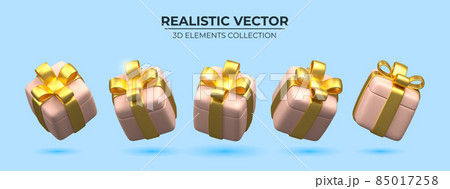 Set of Realistic 3d gift box with golden ribbons isolated on a blue background Set of Realistic 3d gift box with golden ribbons isolated on a blue background 85017258