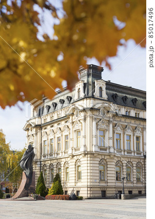 POLAND, NOWY SACZ - OCTOBER 26, 2021: Town Hall in the Central Square Polish town of Nowy Sacz in autumn, with colorful leaves 85017496