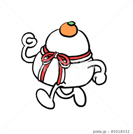 頭にミカンを乗せて歩く鏡餅のイラスト 85018332