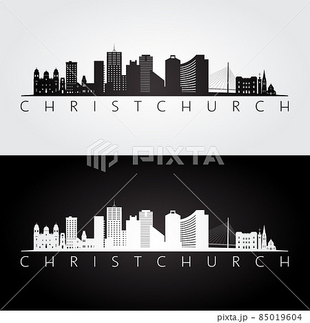 Christchurch skyline and landmarks silhouette 85019604