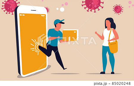 Delivery shopping groceries to home corona virus concept vector illustration. Online order service shipping courier business. Express postal order outbreak delivery. Online sale character supply 85020248