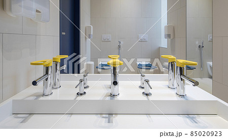 Modern public restroom for children minimal interior yellow and blue details. Children healthcare concept Modern public restroom for children minimal interior yellow and blue details. Children healthcare concept 85020923