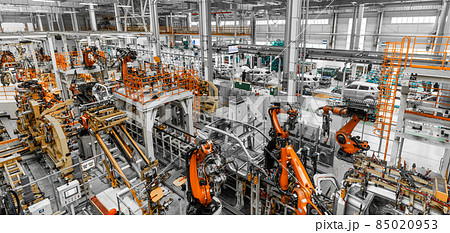 Panoramic Photo. Automobile production line. Welding car body. Modern car assembly plant Panoramic Photo. Automobile production line. Welding car body. Modern car assembly plant 85020953