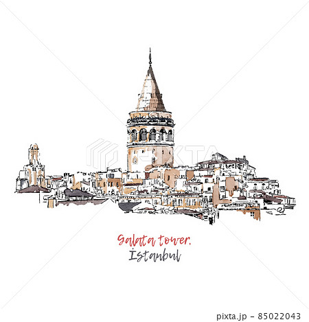 Vector sketch watercolor illustration with the Galata Tower in Istanbul, Turkey. Hand drawn famous turkish landmark, turkish sightseeing. Hand drawn sketch vector watercolor illustration. Simple urban 85022043