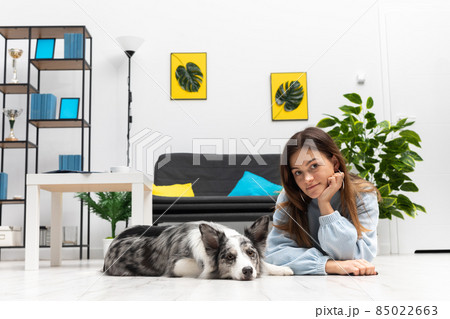 The teen and her dog lie on the floor together, relaxing in their spare time from exercising. Intelligent Border Collie Sheepdog. Modern interior design of the apartment. The teen and her dog lie on the floor together, relaxing in their spare time from exercising. Intelligent Border Collie Sheepdog. Modern interior design of the apartment. 85022663