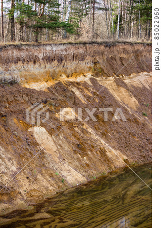 Sharp steep cliff on a sandy quarry, layers of soil 85022960