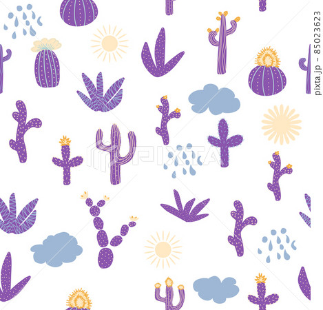 Seamless patterns with different cacti. Vibrant repeating texture with purple cacti. Background with desert plants Seamless patterns with different cacti. Vibrant repeating texture with purple cacti. Background with desert plants 85023623
