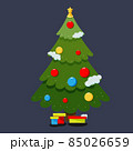 Christmas tree. Evergreen tree with decorations and gifts. Christmas and New Year celebration concept. Cartoon style, colorful drawing. 85026659