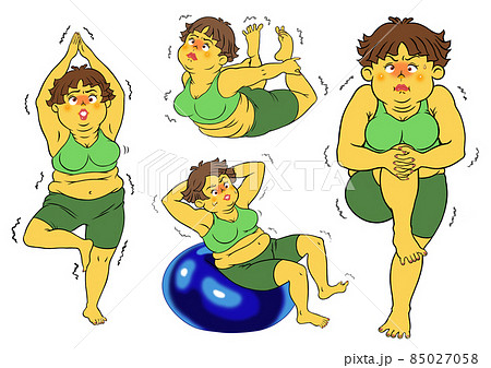 ストレッチをする、ぽっちゃり女性5セット 85027058