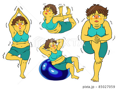 ストレッチをする、ぽっちゃり女性5セット 85027059