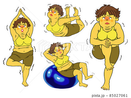 ストレッチをする、ぽっちゃり女性5セット 85027061