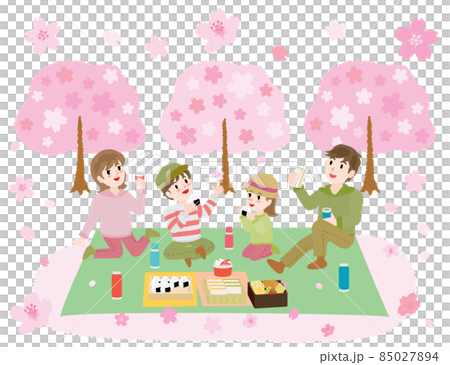 お花見をしながらお弁当を食べる家族 お花見をしながらお弁当を食べる家族 85027894