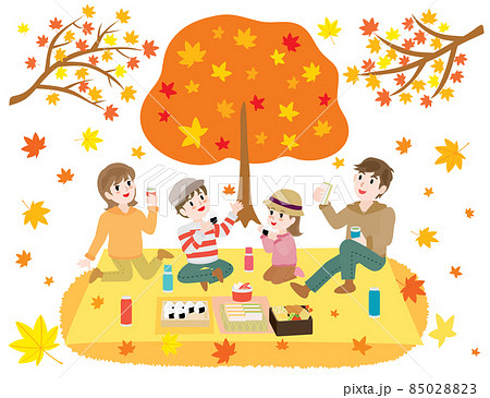 紅葉狩りをしながらお弁当を食べる家族のイラスト素材 8502