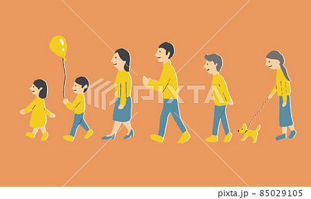 前に向かって整列して歩く仲良しの家族のイラスト素材