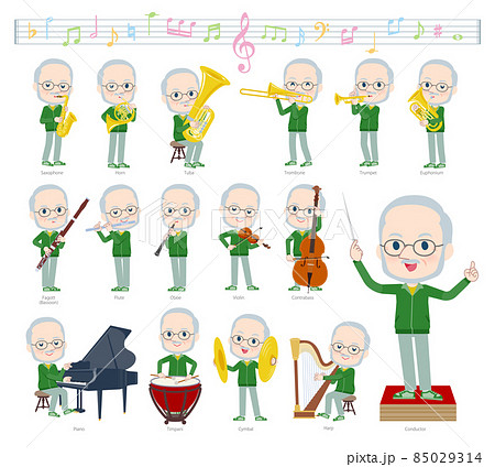 クラシック音楽演奏に関する緑ジャージ白人高齢男性のセット 85029314