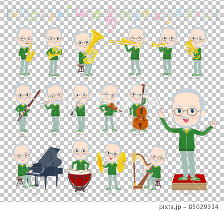 クラシック音楽演奏に関する緑ジャージ白人高齢男性のセット 85029314