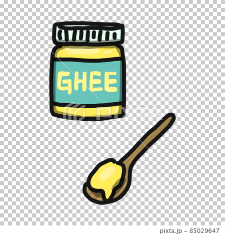 Illustration of edible butter oil "Ghee". Bottle and spoon. 85029647