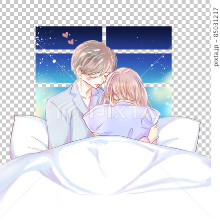 ベッドで寄り添うカップルのイラスト素材