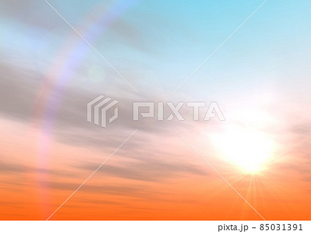 太陽 雲 空 夕陽 夕焼け ハロ 虹のリング 反射 背景 壁紙のイラスト素材