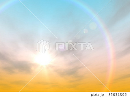 太陽 雲 空 夕陽 夕焼け ハロ 虹のリング 反射 背景 壁紙のイラスト素材