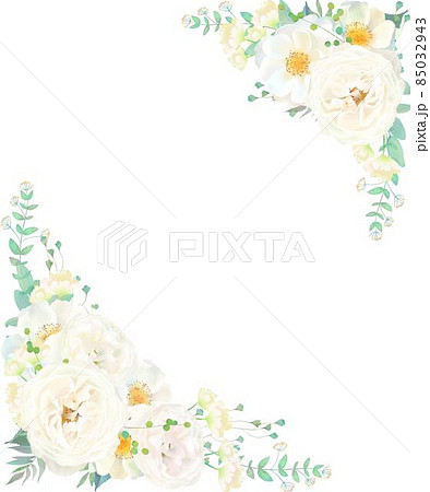 美しい白いバラの花と爽やかなリーフの招待状縦フレームベクターイラスト素材 85032943