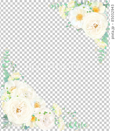 美しい白いバラの花と爽やかなリーフの招待状縦フレームベクターイラスト素材 85032943