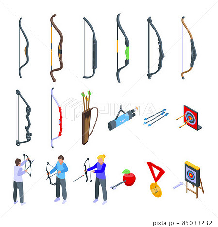 Archery competition icons set isometric vector. Archery target Archery competition icons set isometric vector. Archery target 85033232
