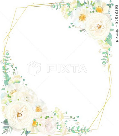 美しい白いバラの花とリーフの招待状縦ゴールドフレームベクターイラスト素材 85033398