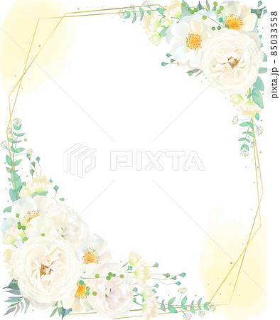 美しい白いバラの花とリーフの招待状縦ゴールド水彩画風フレームベクターイラスト素材のイラスト素材
