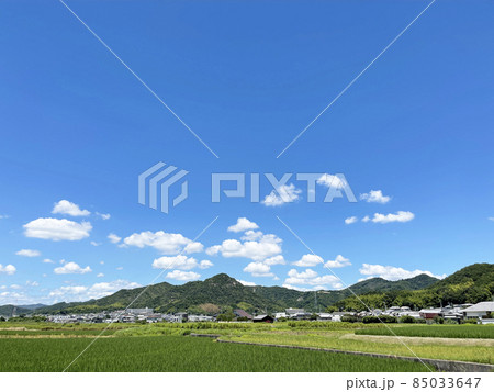 真っ青な透き通った空と草原と山 85033647