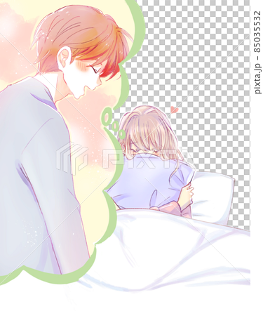 ベッドで恋する相手のことを考える女性のイラスト素材