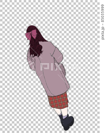 大きなリボンを頭につけたコートを身にまとっている女性の後ろ姿のイラスト素材
