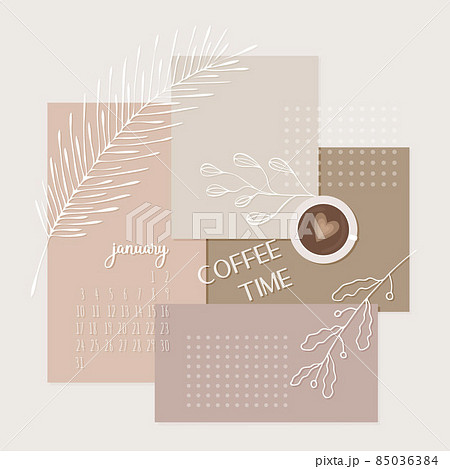 Coffee time collage abstraction calendar January 2022 space for notes, banner, poster, doodle twigs. Beige pastel colors. 85036384