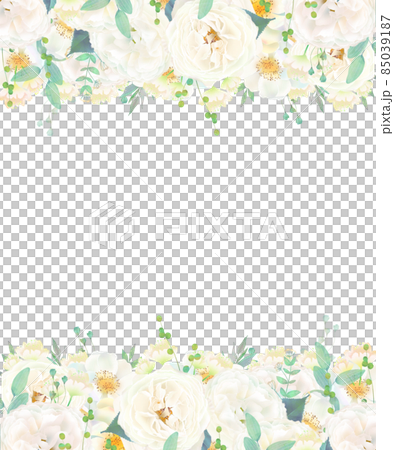 美しい白いバラの花と爽やかなリーフの招待状縦フレームベクターイラスト素材 85039187