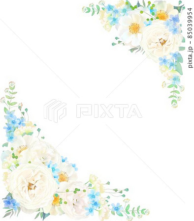 美しい白いバラの花と水色のブルースターと爽やかなリーフの招待状縦フレームベクターイラスト素材のイラスト素材