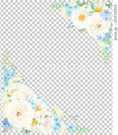 美しい白いバラの花と水色のブルースターと爽やかなリーフの招待状縦フレームベクターイラスト素材 85039954