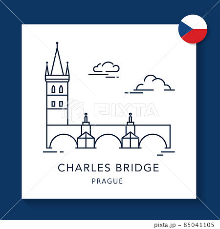 The landmark of Prague is the Charles Bridge in linear style with round Czech flag. 85041105