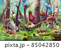 Magic mushrooms in forest garden with trees illustration art, fantasy drawing with butterfly over sunlight, birds, beetles, bushes, grass, leaves in nature. Summer floral park in vector. 85042850